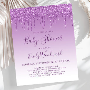 Budget Glam Paarse Glitter Baby shower Uitnodiging