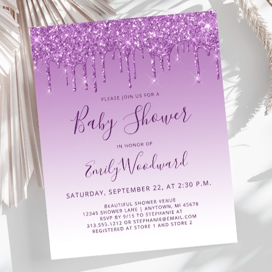 Budget Glam Paarse Glitter Baby shower Uitnodiging