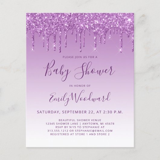 Budget Glam Paarse Glitter Baby shower Uitnodiging (Voorkant)