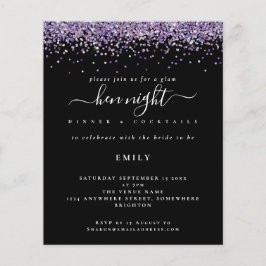 Budget Glam Paarse Glitter Hen Night Black Invite
