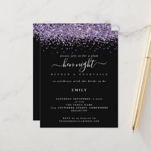 Budget Glam Paarse Glitter Hen Night Black Invite