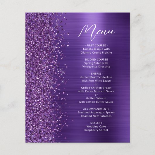 Budget Glam Paarse Glitter Script Wedding Menu (Voorkant)
