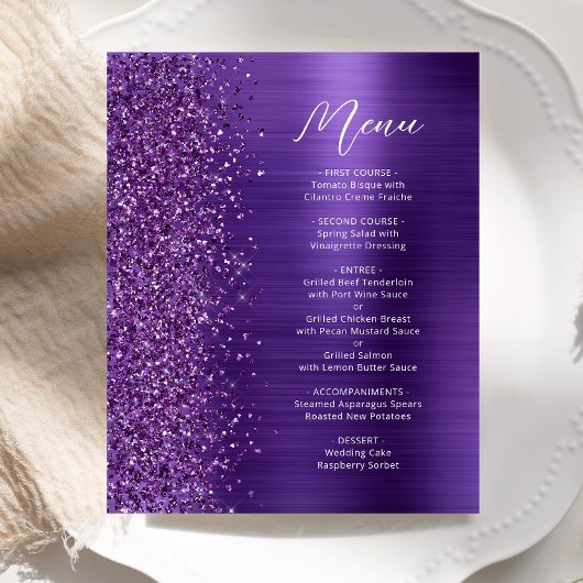 Budget Glam Paarse Glitter Script Wedding Menu