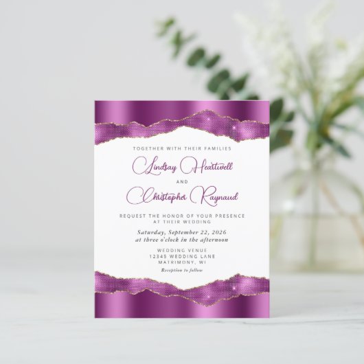 Budget Glam Paarse Spiegel Tegels bruiloft Uitnodi (Staand voorkant)