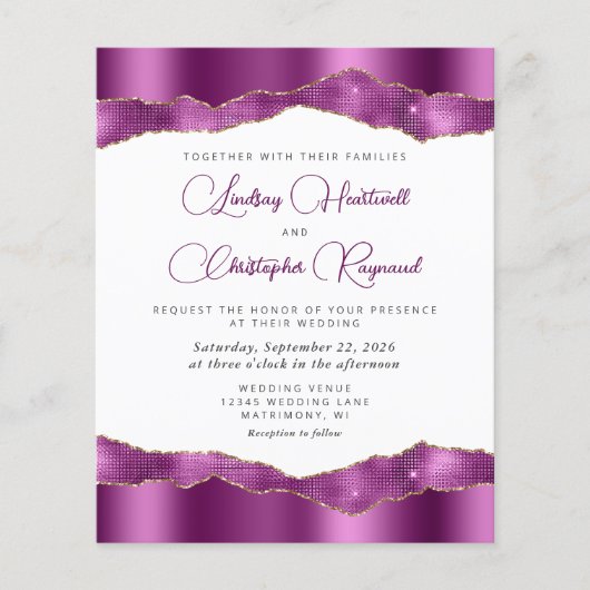 Budget Glam Paarse Spiegel Tegels bruiloft Uitnodi (Voorkant)