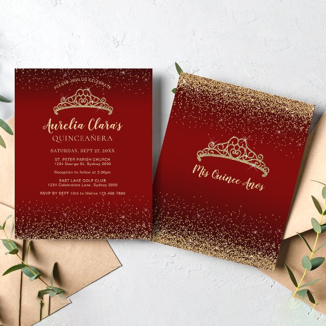 BUDGET Glam Red Gold Glitter Tiara Quinceanera (Creator heeft geüpload)