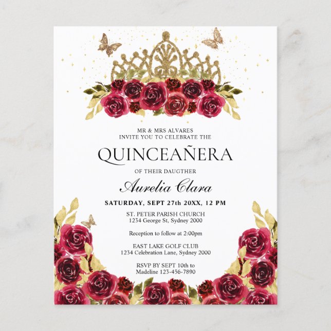 BUDGET Glam Rood Bloemen Goud Tiara Quinceanera (Voorkant)