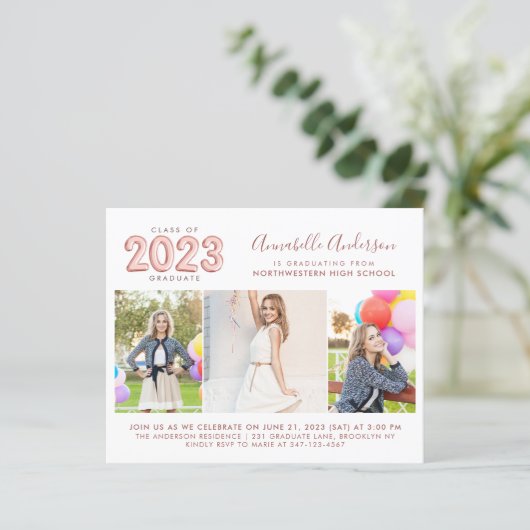 Budget Glam Roos Gold 2023 Photo Afstuderen Invite (Staand voorkant)