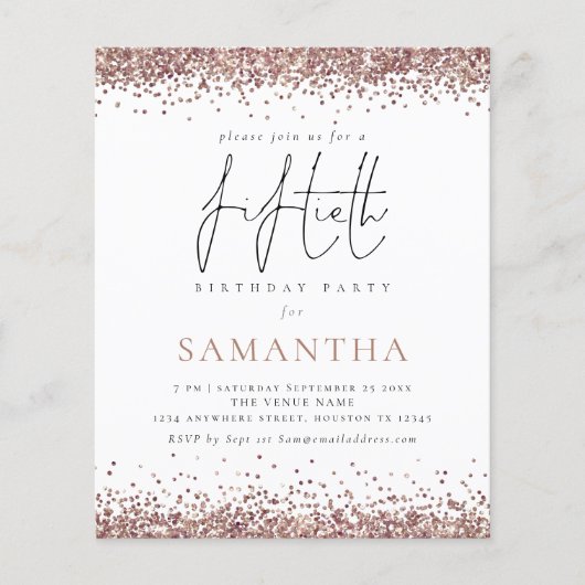 Budget Glam Roos Gold Glitter 50th Party Invite (Voorkant)