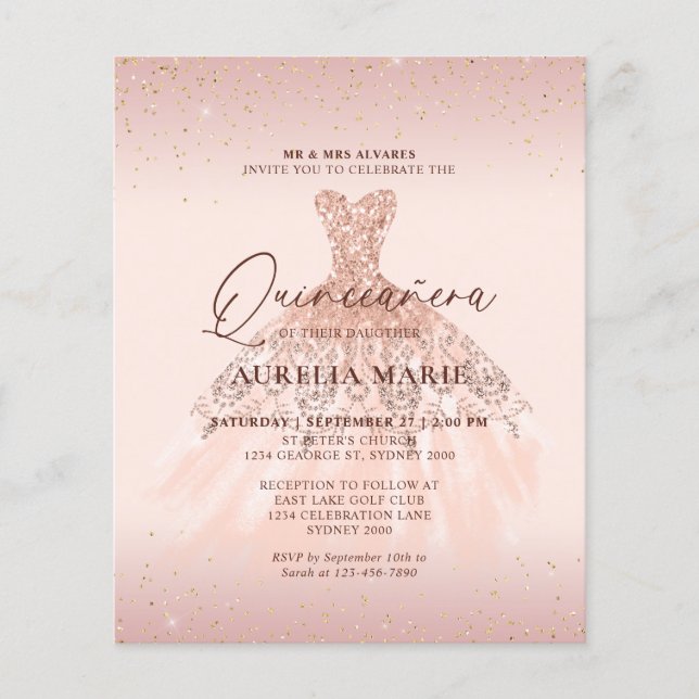 Budget Glam Roos Gouden Prinses Jurk Quinceanera (Voorkant)