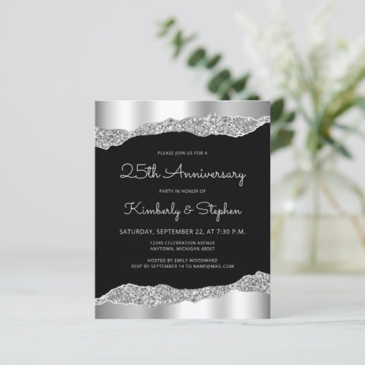 Budget Glam Silver Black 25th Anniversary Invite (Staand voorkant)