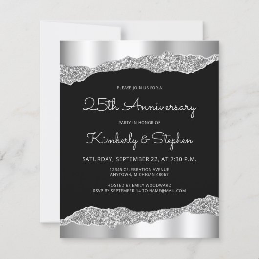 Budget Glam Silver Black 25th Anniversary Invite (Voorkant)