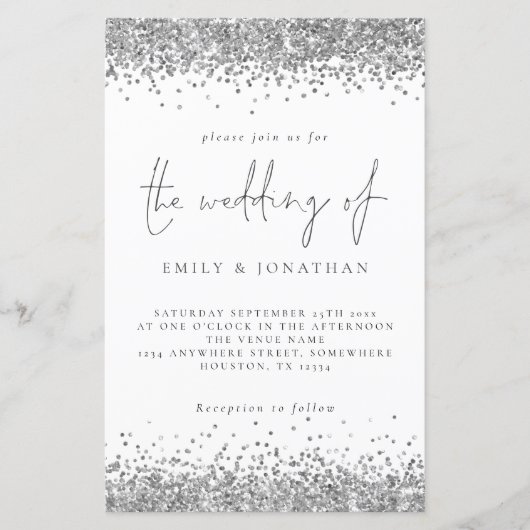 Budget Glam Silver Glitter Wedding Uitnodiging (Voorkant)