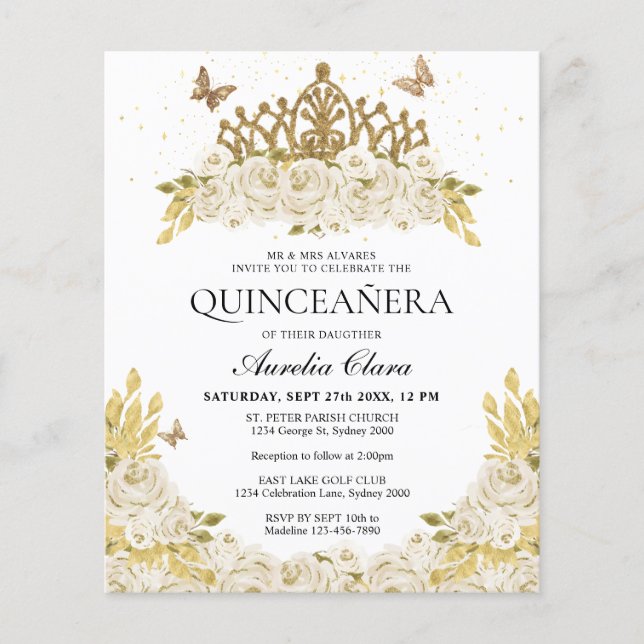 Budget Glam Wit Bloemengoud Tiara Quinceanera (Voorkant)