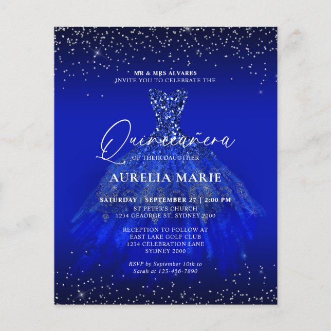 BUDGET Glam Zilveren Blauw Prinses Jurk Quinceaner (Voorkant)