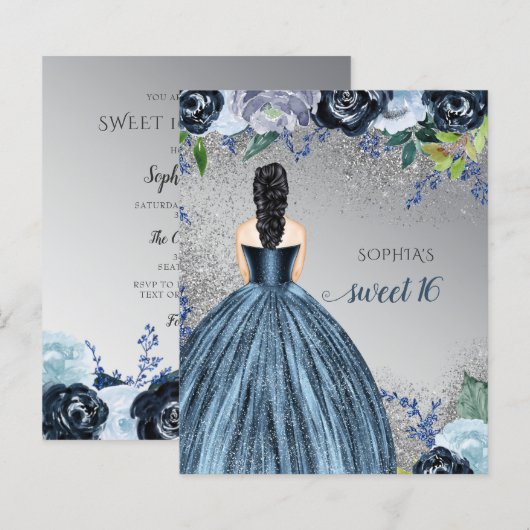 Budget Glitter Blue Dress Sweet 16 Uitnodiging (Voorkant / Achterkant)