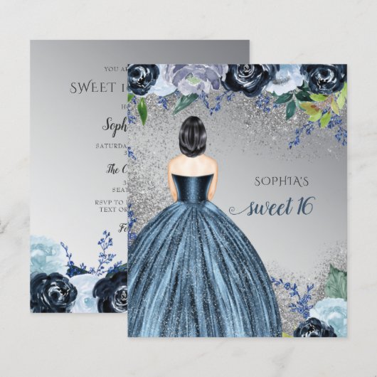Budget Glitter Blue Dress Sweet 16 Uitnodiging (Voorkant / Achterkant)