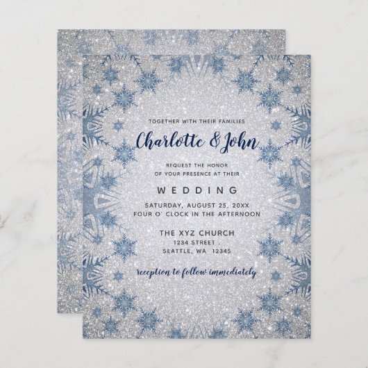 Budget Glitter Blue Snowflakes Weddenschap-uitnodi (Voorkant / Achterkant)