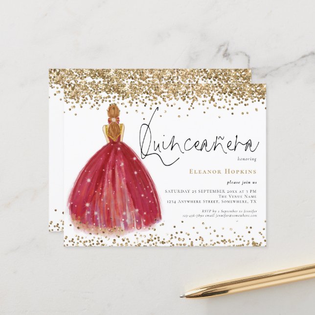 Budget Glitter Burgundy Gown Quinceanera Invite (Voorkant / Achterkant in situ)