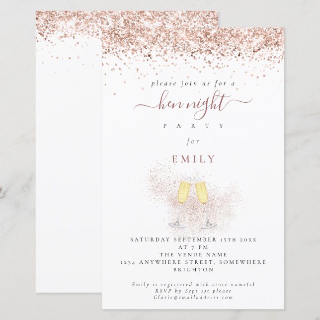 Budget Glitter Champagne Flutes Hen Night Invite (Voorkant / Achterkant)