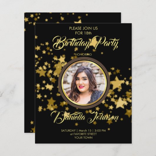 Budget Glitter confetti foto verjaardaguitnodiging (Voorkant / Achterkant)