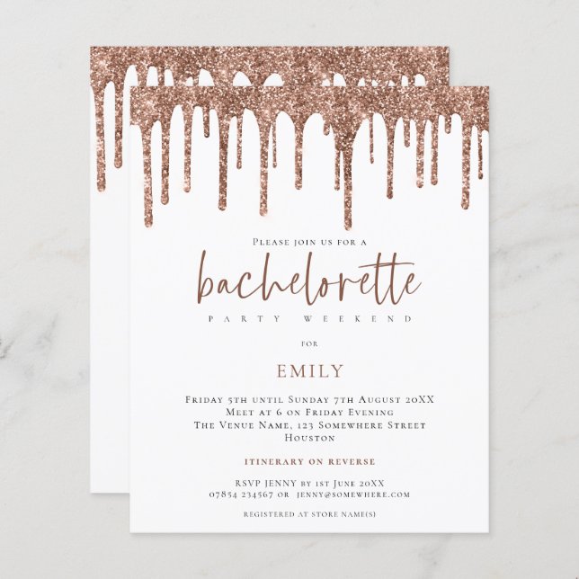 Budget Glitter Drip Bachelorette Weekend Invite (Voorkant / Achterkant)