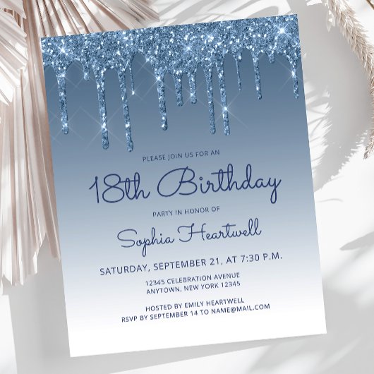 Budget Glitter Drip Blauwe 18e Verjaardagsfeestje