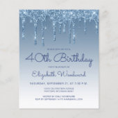 Budget Glitter Drip Blauwe 40e Verjaardagsuitnodig (Voorkant)