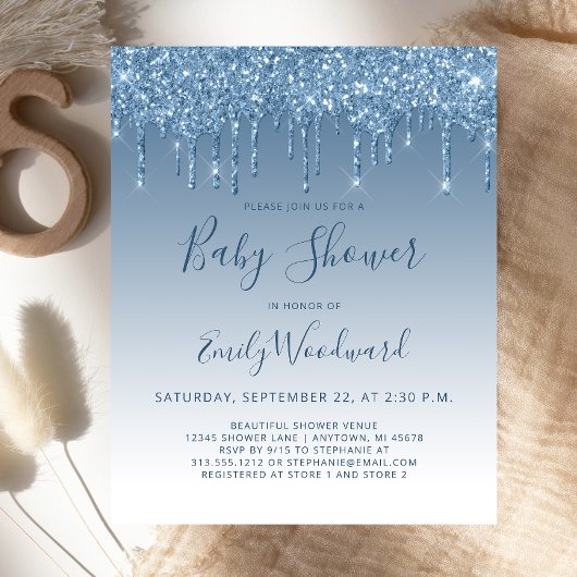 Budget Glitter Drip Blauwe Baby Shower Uitnodiging