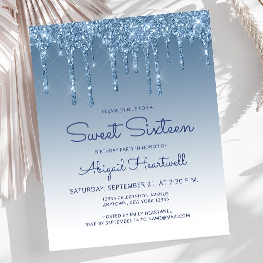 Budget Glitter Drip Blauwe Sweet 16 Uitnodiging