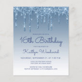 Budget Glitter Drip Blue 16th Birthday Invitation (Voorkant)