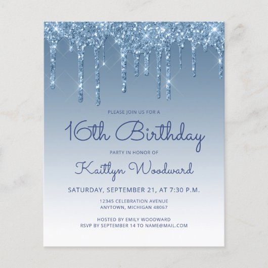 Budget Glitter Drip Blue 16th Birthday Invitation (Voorkant)