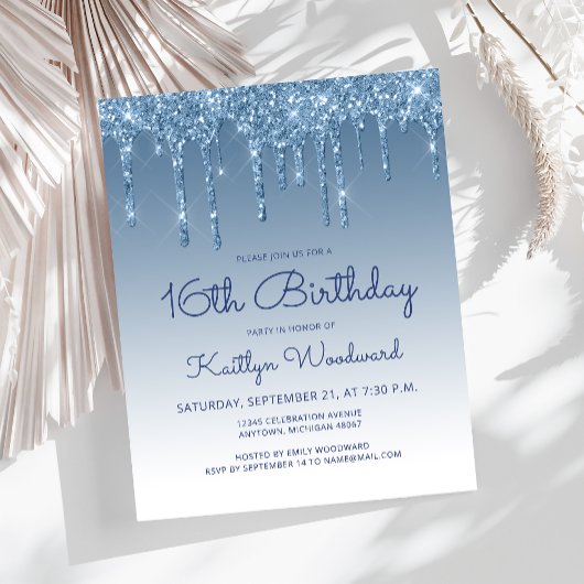Budget Glitter Drip Blue 16th Birthday Invitation