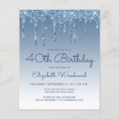 Budget Glitter Drip Blue 40th Birthday Invitation (Voorkant)