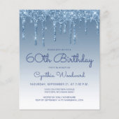 Budget Glitter Drip Blue 60th Birthday Invitation (Voorkant)