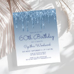 Budget Glitter Drip Blue 60th Birthday Invitation<br><div class="desc">Deze trendy zestigste verjaardagsuitnodiging bevat een lichtblauwe faux glitter drip border en blauwe ombre background. De woorden "60th Birthday" en de naam van de gast van eer verschijnen in casual blauw handschrift manuscript, met de rest van de klantgerichte tekst in blauwe sans serif doopvont. Aan de achterzijde wordt hetzelfde blauwe...</div>