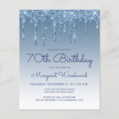 Budget Glitter Drip Blue 70th Birthday Invitation (Voorkant)