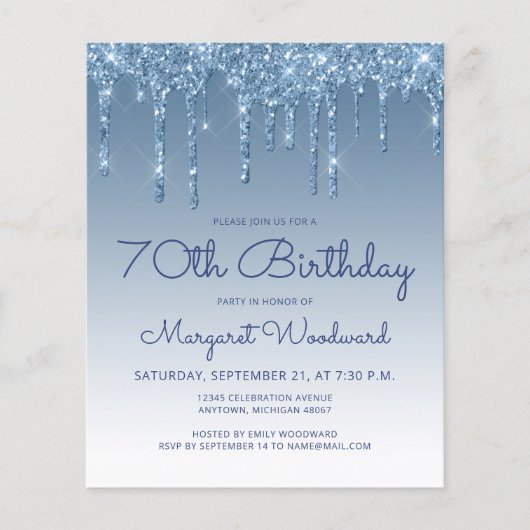 Budget Glitter Drip Blue 70th Birthday Invitation (Voorkant)