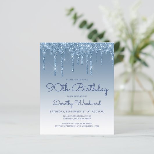 Budget Glitter Drip Blue 90th Birthday Invitation (Staand voorkant)
