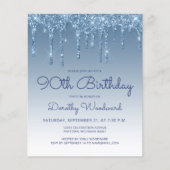 Budget Glitter Drip Blue 90th Birthday Invitation (Voorkant)