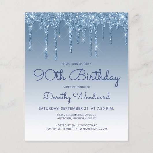 Budget Glitter Drip Blue 90th Birthday Invitation (Voorkant)