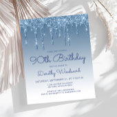 Budget Glitter Drip Blue 90th Birthday Invitation