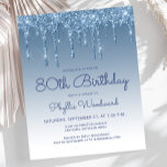 Budget Glitter Drip Blue Birthday Party Invitation<br><div class="desc">Deze trendy verjaardagsuitnodiging is voorzien van een lichtblauwe faux glitter drip border en blauwe ombre background. Het verjaardagsjaar en de naam van de gast van eer verschijnen in casual blauw handschrift manuscript, met de rest van de klantgerichte tekst in blauwe sans serif doopvont. Aan de achterzijde wordt hetzelfde blauwe glitterdripontwerp...</div>