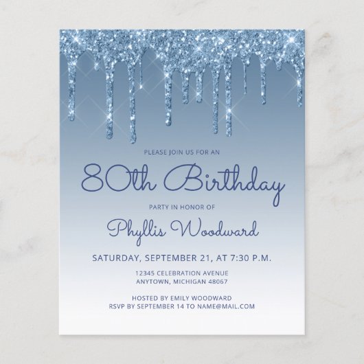 Budget Glitter Drip Blue Birthday Party Invitation (Voorkant)