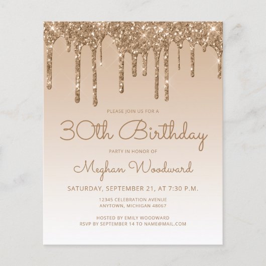 Budget Glitter Drip Gold 30th Birthday Invitation (Voorkant)