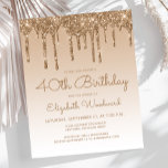 Budget Glitter Drip Gold 40th Birthday Invitation<br><div class="desc">Deze trendy 40ste verjaardagsuitnodiging is voorzien van een dunne gouden faux glitter drip border and ombre background. De woorden "40th Birthday" en de naam van de gast van eer verschijnen in casual gouden handschrift script, met de rest van de aanpasbare tekst in gouden sans serif font. Aan de achterzijde staat...</div>