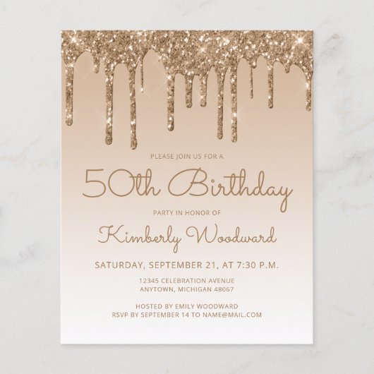 Budget Glitter Drip Gold 50th Birthday Invitation (Voorkant)