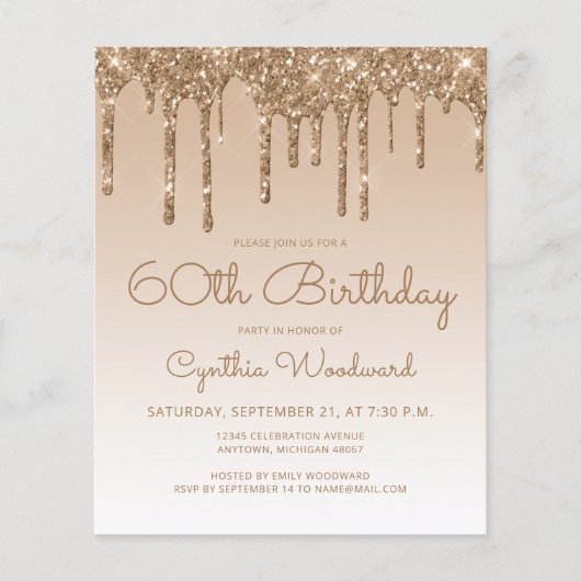Budget Glitter Drip Gold 60th Birthday Invitation (Voorkant)