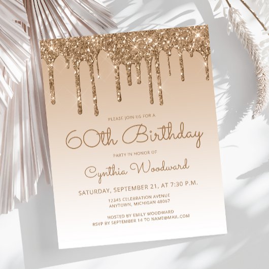 Budget Glitter Drip Gold 60th Birthday Invitation