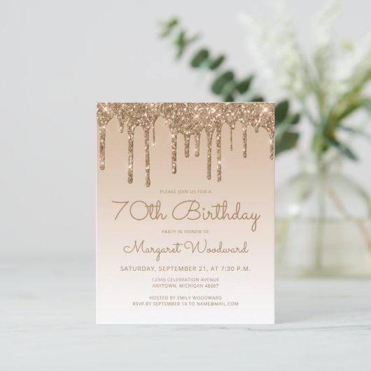 Budget Glitter Drip Gold 70th Birthday Invitation (Staand voorkant)